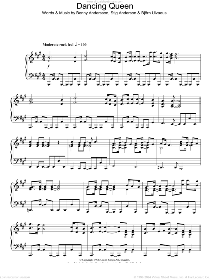 Dancing Queen, (intermediate) sheet music for piano solo by ABBA, Benny Andersson, Bjorn Alvaeus and Stig Anderson, intermediate skill level