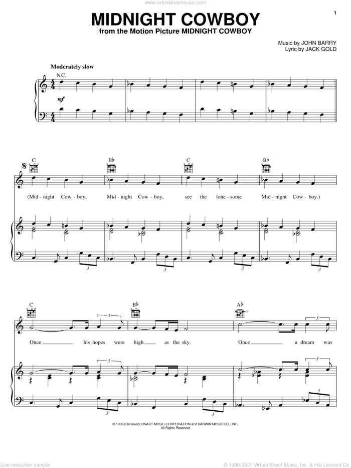 Midnight Cowboy sheet music for voice, piano or guitar by Jack Gold and John Barry, intermediate skill level