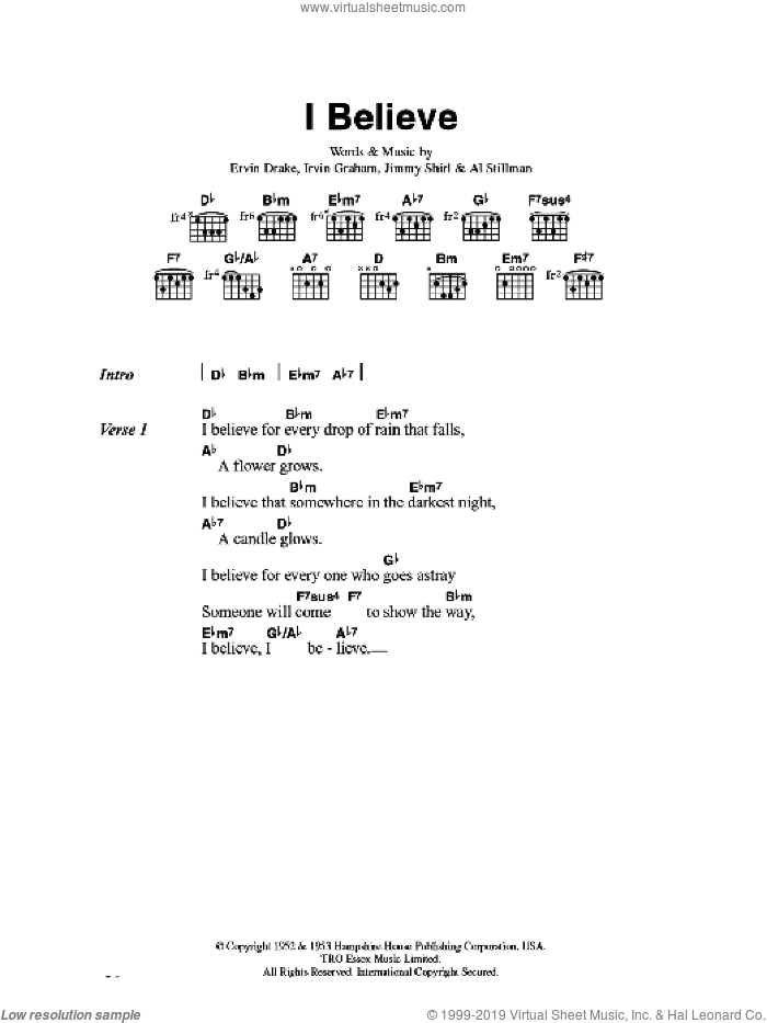 I Believe sheet music for guitar (chords) by Frankie Laine, Al Stillman, Ervin Drake, Irvin Graham and Jimmy Shirl, intermediate skill level