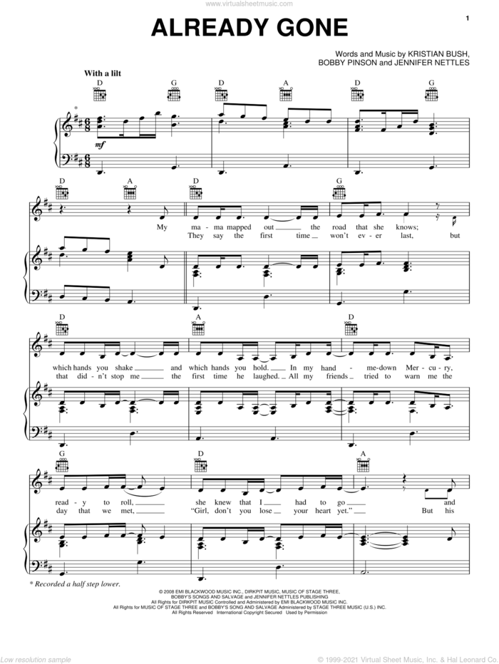 Already Gone sheet music for voice, piano or guitar by Sugarland, Bobby Pinson, Jennifer Nettles and Kristian Bush, intermediate skill level