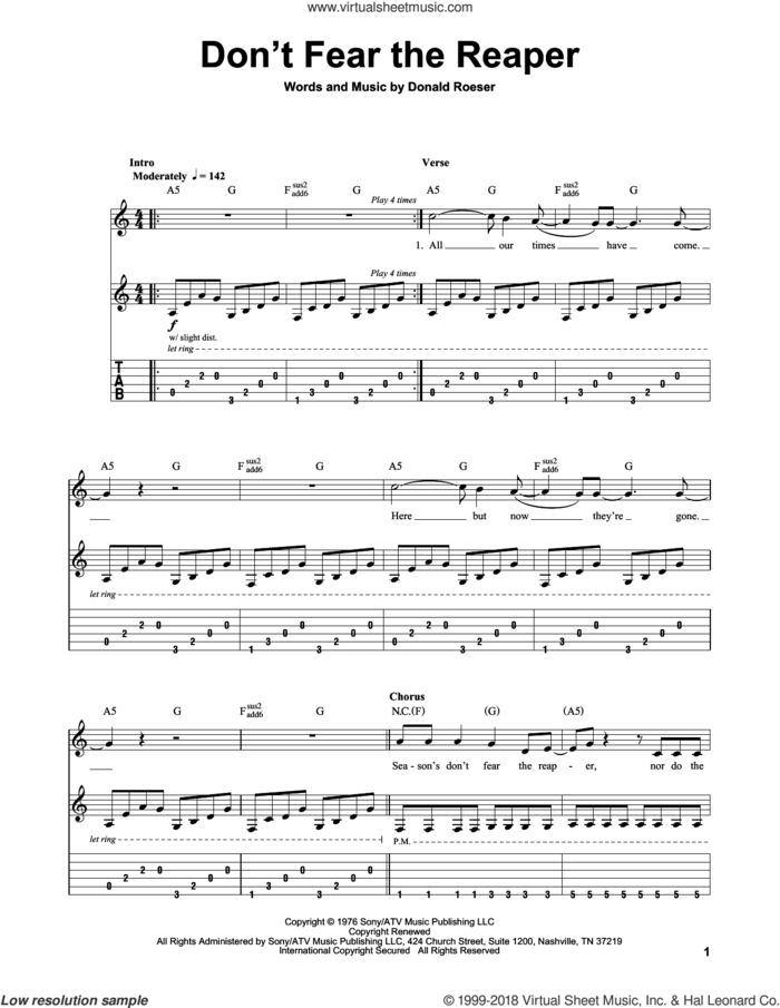 Don't Fear The Reaper sheet music for guitar (tablature, play-along) by Blue Oyster Cult and Donald Roeser, intermediate skill level
