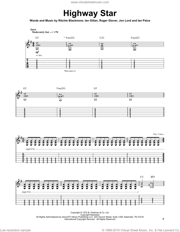 Highway Star sheet music for guitar (tablature, play-along) by Deep Purple, Ian Gillan, Ian Paice, Jon Lord, Ritchie Blackmore and Roger Glover, intermediate skill level
