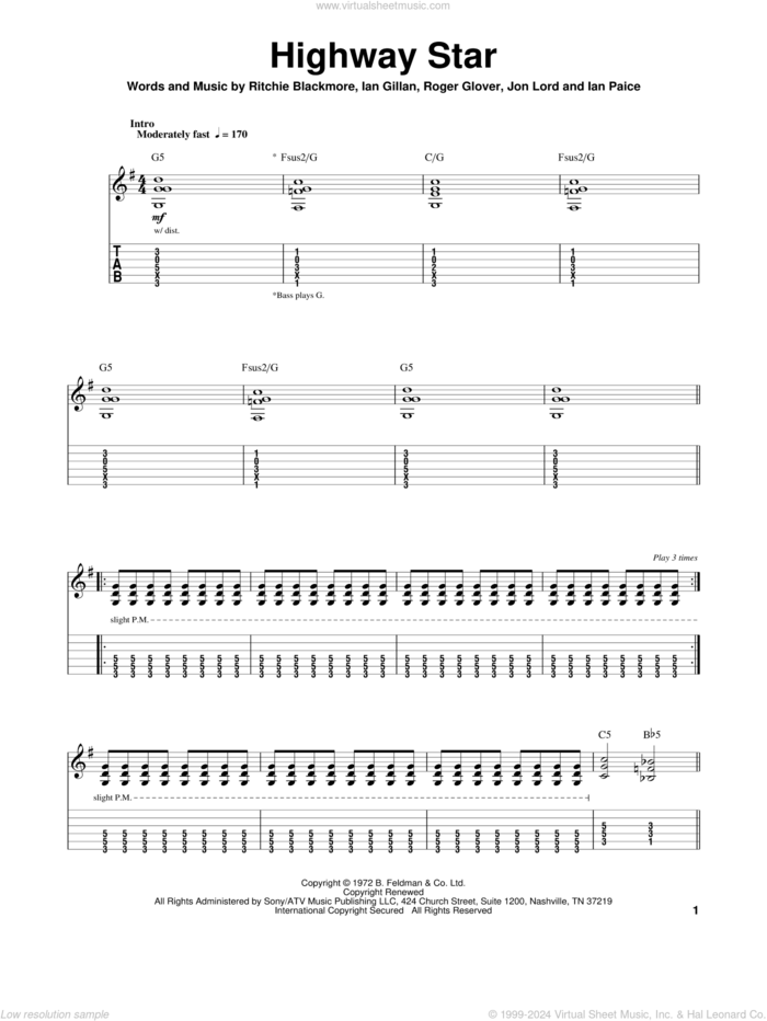 Highway Star sheet music for guitar (tablature, play-along) by Deep Purple, Ian Gillan, Ian Paice, Jon Lord, Ritchie Blackmore and Roger Glover, intermediate skill level