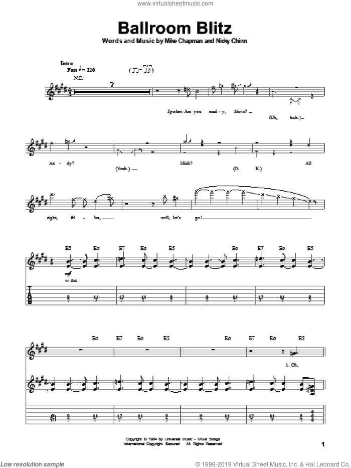 Ballroom Blitz sheet music for guitar (tablature, play-along) by Sweet, Krokus, Mike Chapman and Nicky Chinn, intermediate skill level