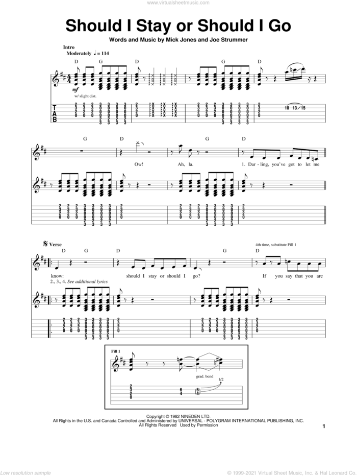 Should I Stay Or Should I Go sheet music for guitar (tablature, play-along) by The Clash, Joe Strummer and Mick Jones, intermediate skill level
