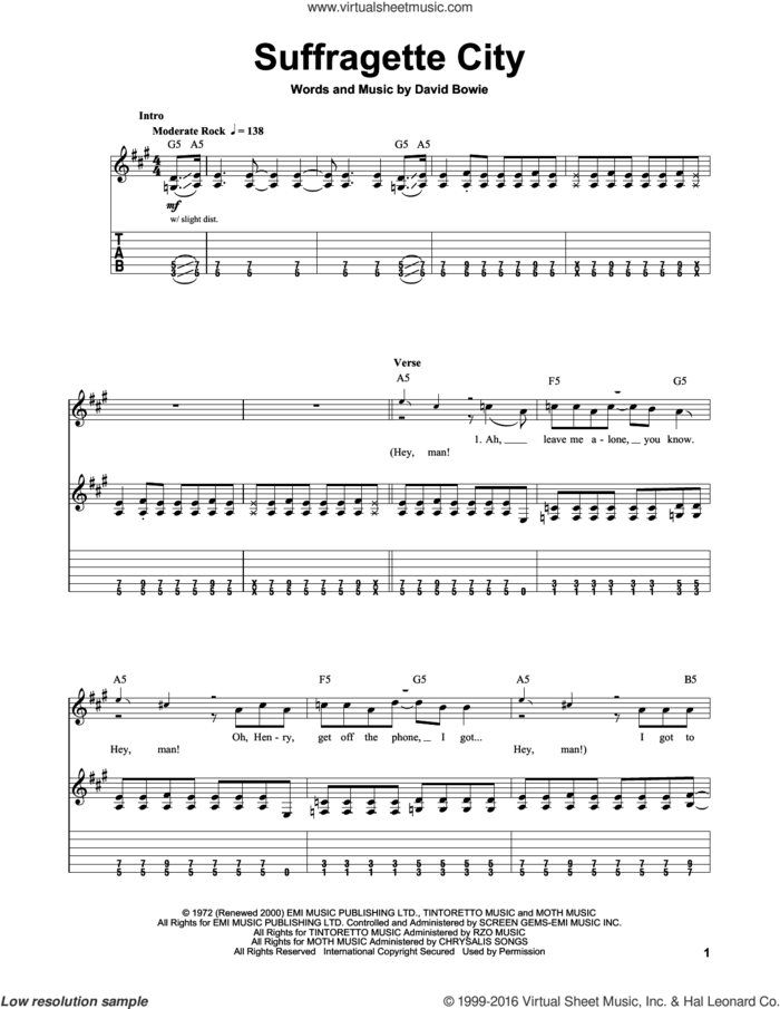 Suffragette City sheet music for guitar (tablature, play-along) by David Bowie, intermediate skill level