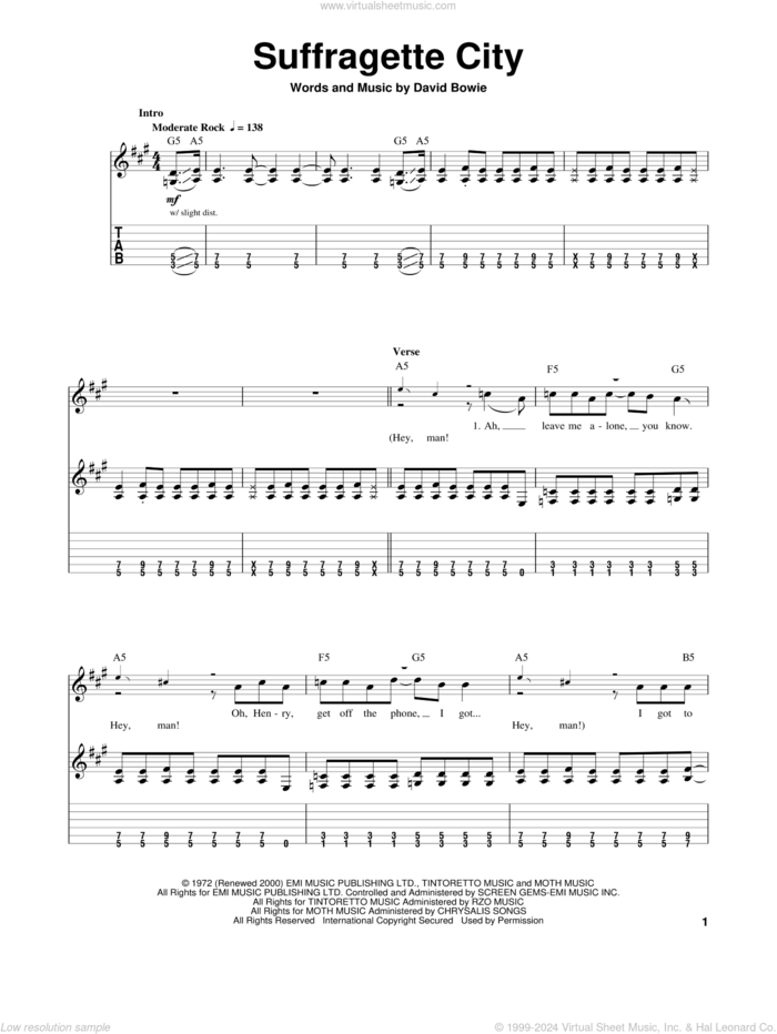 Suffragette City sheet music for guitar (tablature, play-along) by David Bowie, intermediate skill level