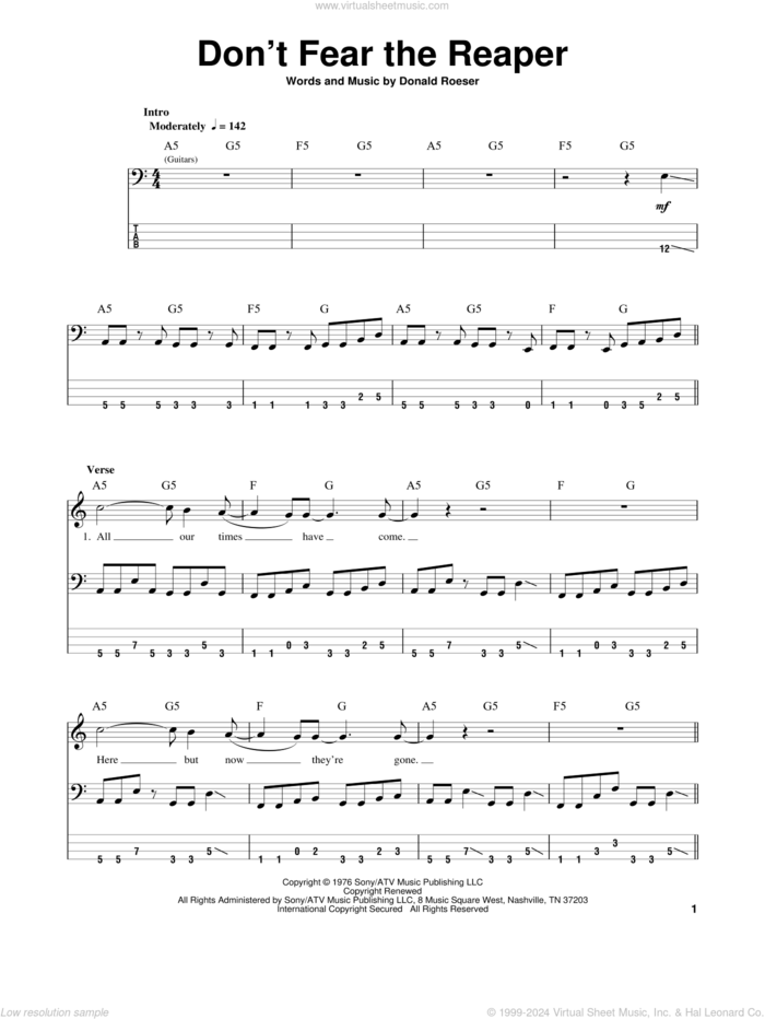 Don't Fear The Reaper sheet music for bass (tablature) (bass guitar) by Blue Oyster Cult and Donald Roeser, intermediate skill level