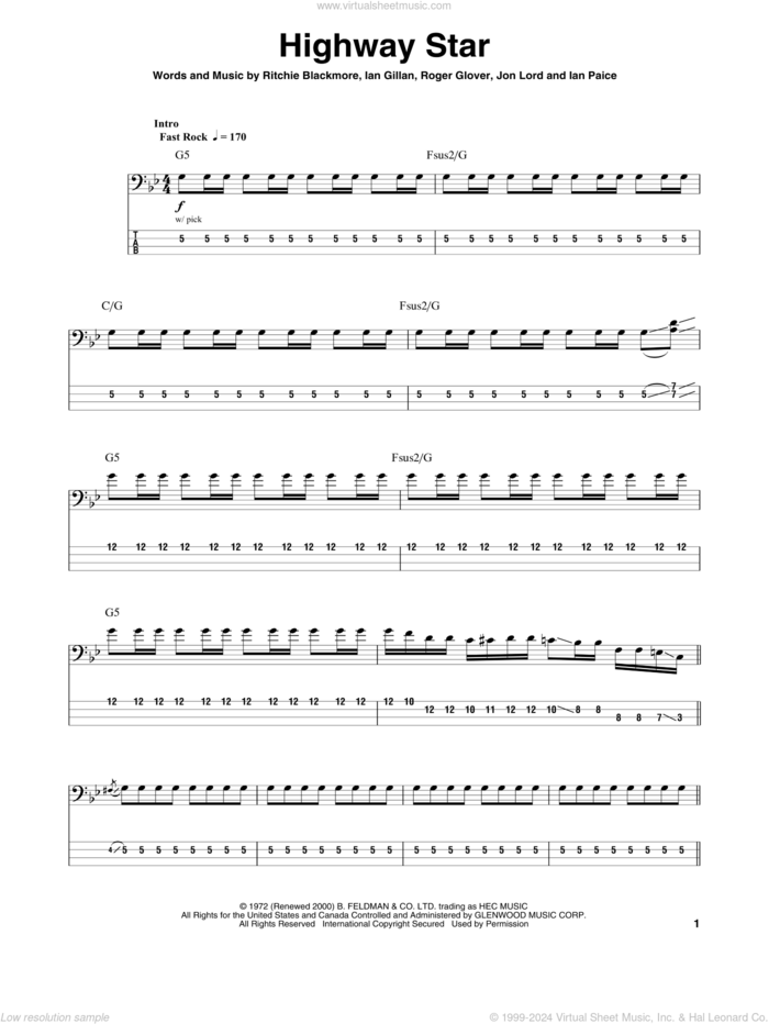 Highway Star sheet music for bass (tablature) (bass guitar) by Deep Purple, Ian Gillan, Ian Paice, Jon Lord, Ritchie Blackmore and Roger Glover, intermediate skill level