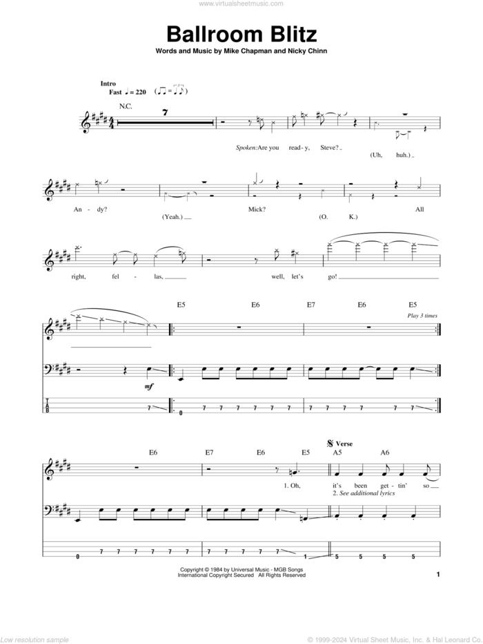 Ballroom Blitz sheet music for bass (tablature) (bass guitar) by Sweet, Krokus, Mike Chapman and Nicky Chinn, intermediate skill level