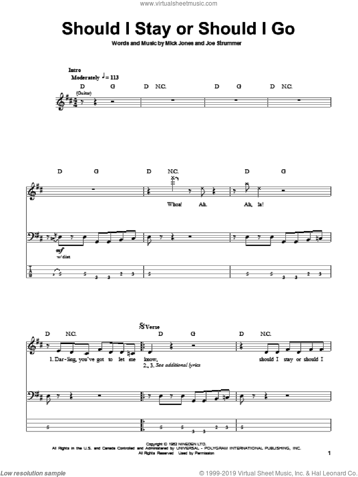 Should I Stay Or Should I Go sheet music for bass (tablature) (bass guitar) by The Clash, Joe Strummer and Mick Jones, intermediate skill level