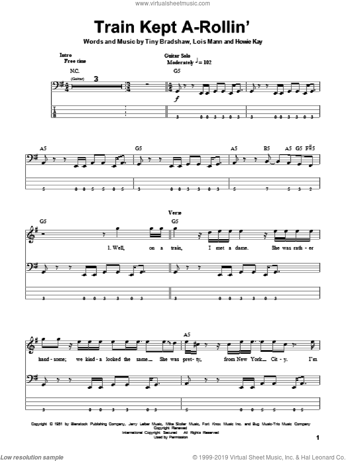 Train Kept A-Rollin' sheet music for bass (tablature) (bass guitar) by Aerosmith, Johnny Burnett, Howie Kay, Lois Mann and Tiny Bradshaw, intermediate skill level