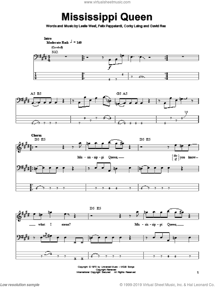 Mississippi Queen sheet music for bass (tablature) (bass guitar) by Mountain, Corky Laing, David Rea, Felix Pappalardi and Leslie West, intermediate skill level