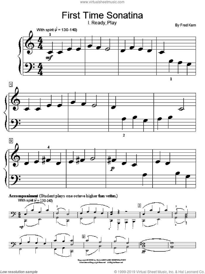 First Time Sonatina sheet music for piano solo (elementary) by Fred Kern, classical score, beginner piano (elementary)