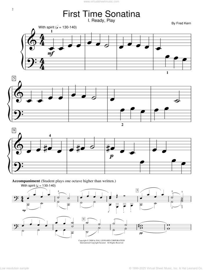First Time Sonatina sheet music for piano solo (elementary) by Fred Kern, classical score, beginner piano (elementary)