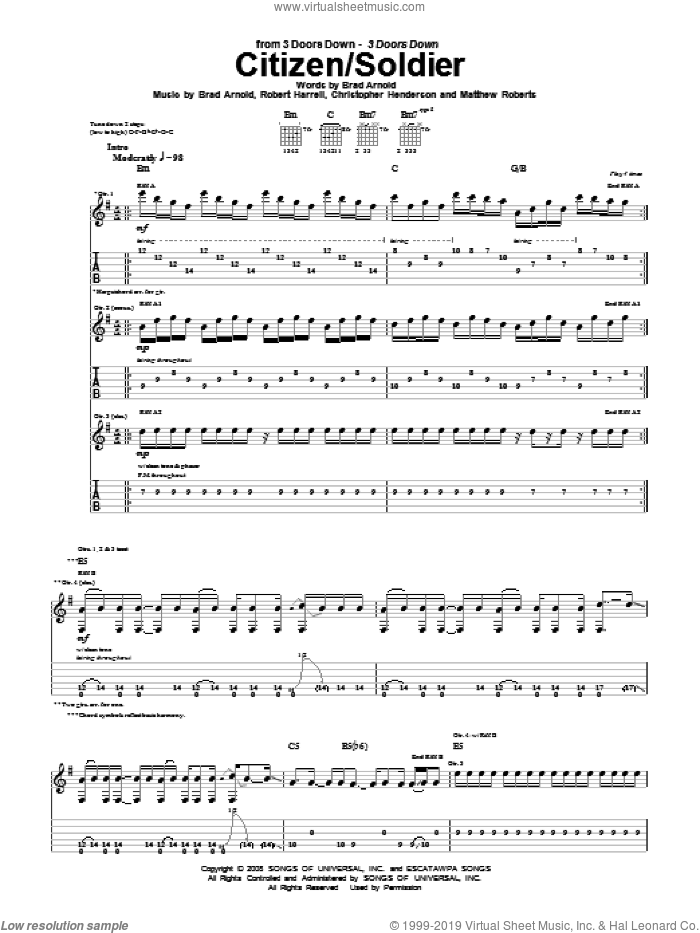 Citizen/Soldier sheet music for guitar (tablature) by 3 Doors Down, Brad Arnold, Christopher Henderson, Matthew Roberts and Robert Harrell, intermediate skill level