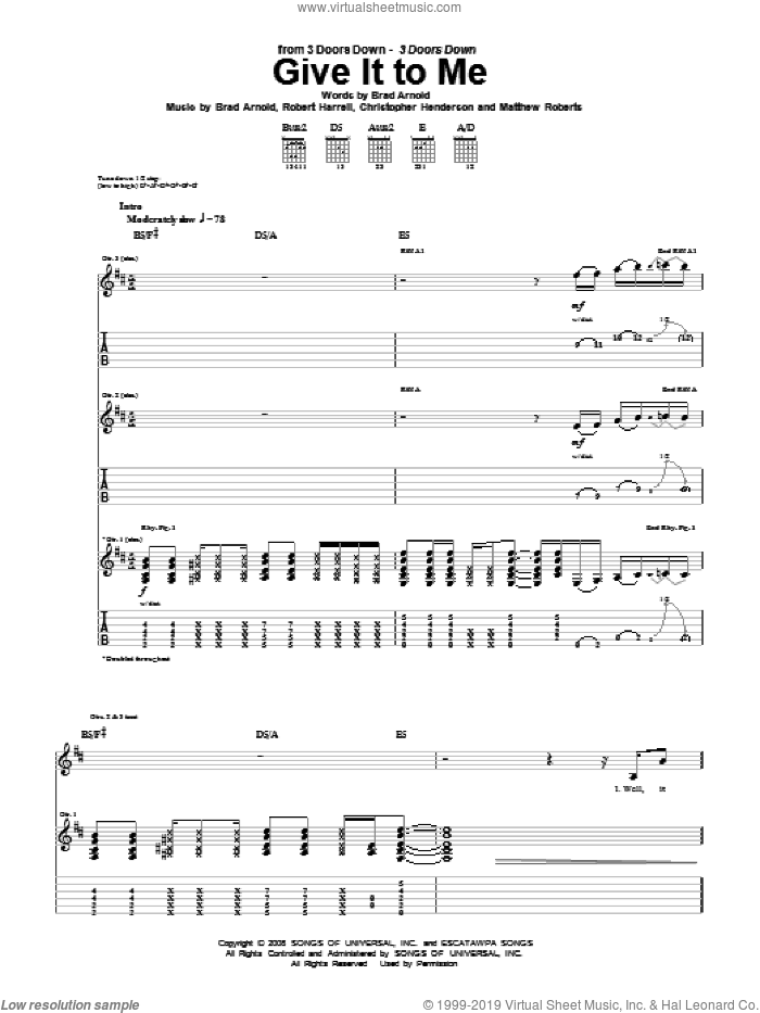 Give It To Me sheet music for guitar (tablature) by 3 Doors Down, Brad Arnold, Christopher Henderson, Matthew Roberts and Robert Harrell, intermediate skill level