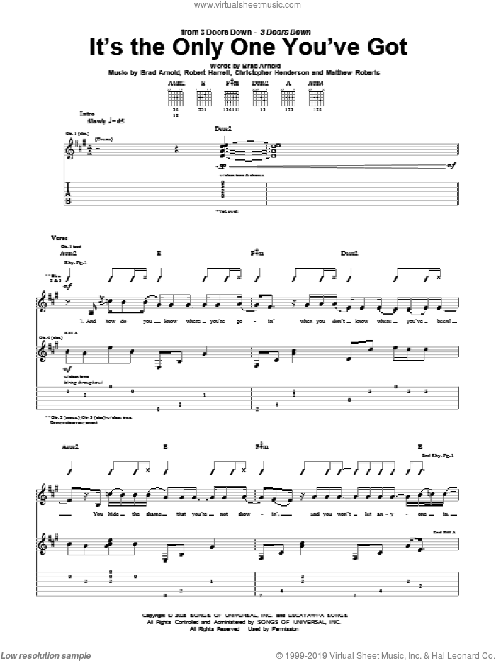 It's The Only One You've Got sheet music for guitar (tablature) by 3 Doors Down, Brad Arnold, Christopher Henderson, Matthew Roberts and Robert Harrell, intermediate skill level