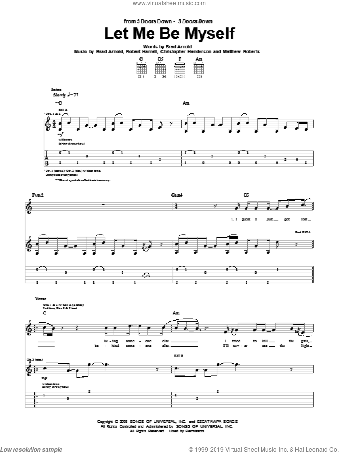 Let Me Be Myself sheet music for guitar (tablature) by 3 Doors Down, Brad Arnold, Christopher Henderson, Matthew Roberts and Robert Harrell, intermediate skill level