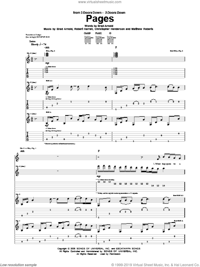 Pages sheet music for guitar (tablature) by 3 Doors Down, Brad Arnold, Christopher Henderson, Matthew Roberts and Robert Harrell, intermediate skill level