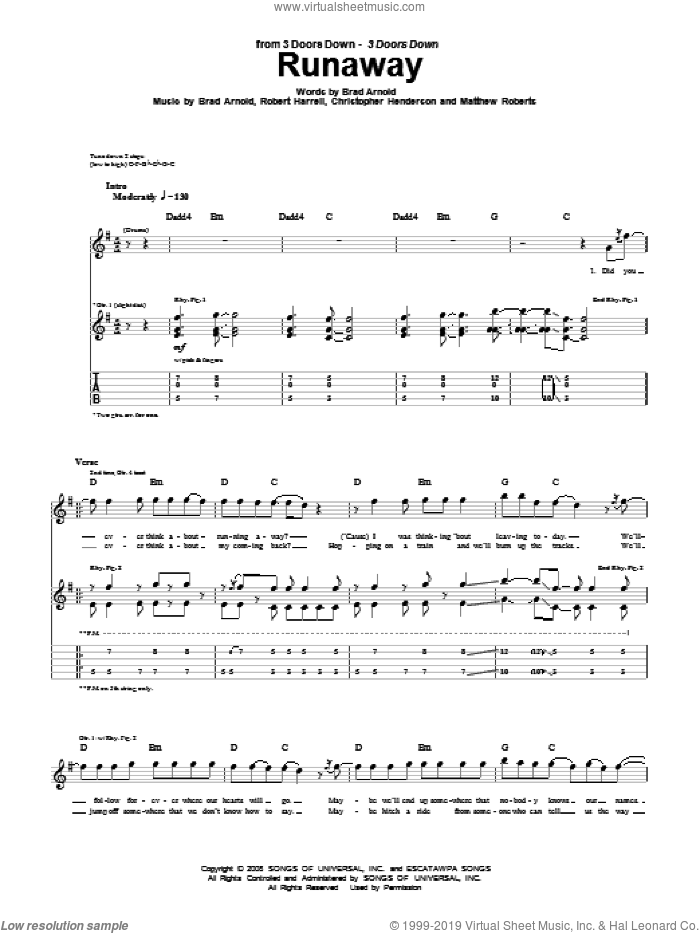 Runaway sheet music for guitar (tablature) by 3 Doors Down, Brad Arnold, Christopher Henderson, Matthew Roberts and Robert Harrell, intermediate skill level