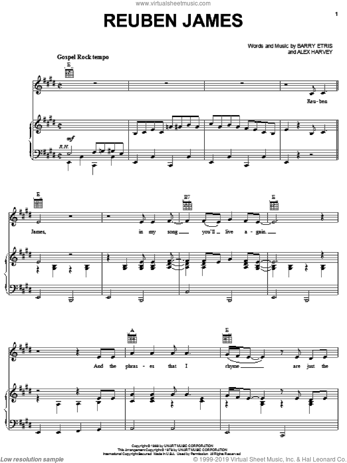 Reuben James sheet music for voice, piano or guitar by Kenny Rogers, Alex Harvey and Barry Etris, intermediate skill level