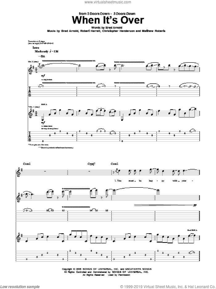 When It's Over sheet music for guitar (tablature) by 3 Doors Down, Brad Arnold, Christopher Henderson, Matthew Roberts and Robert Harrell, intermediate skill level