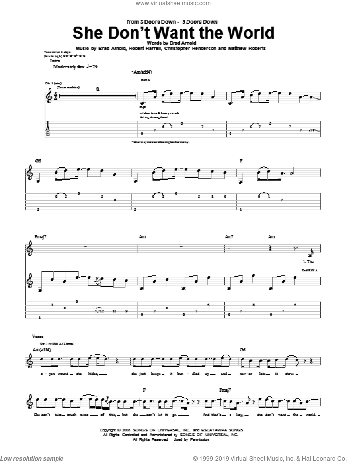 She Don't Want The World sheet music for guitar (tablature) by 3 Doors Down, Brad Arnold, Christopher Henderson, Matthew Roberts and Robert Harrell, intermediate skill level