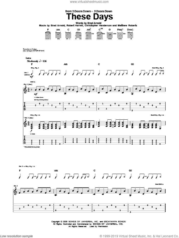 These Days sheet music for guitar (tablature) by 3 Doors Down, Brad Arnold, Christopher Henderson, Matthew Roberts and Robert Harrell, intermediate skill level