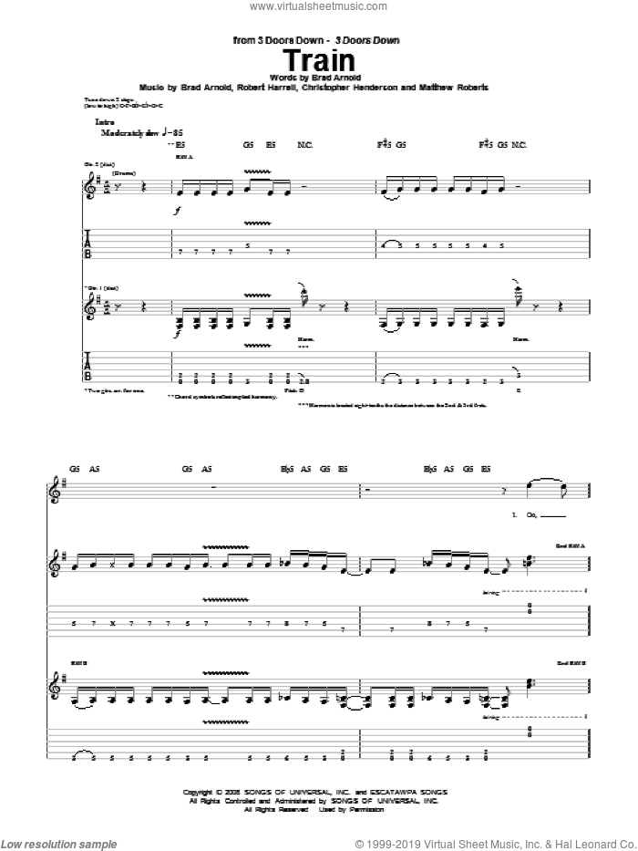 Train sheet music for guitar (tablature) by 3 Doors Down, Brad Arnold, Christopher Henderson, Matthew Roberts and Robert Harrell, intermediate skill level