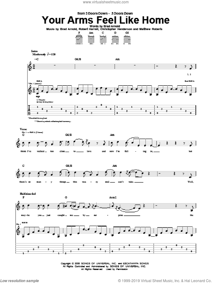 Your Arms Feel Like Home sheet music for guitar (tablature) by 3 Doors Down, Brad Arnold, Christopher Henderson, Matthew Roberts and Robert Harrell, intermediate skill level