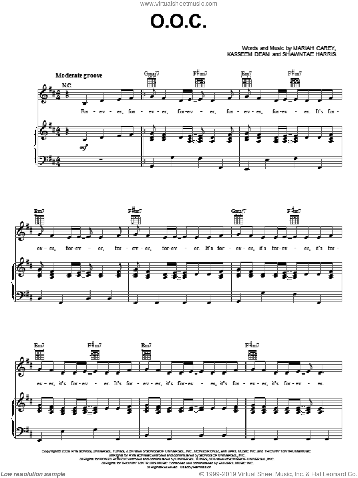 O.O.C. sheet music for voice, piano or guitar by Mariah Carey, Kasseem Dean and Shawntae Harris, intermediate skill level