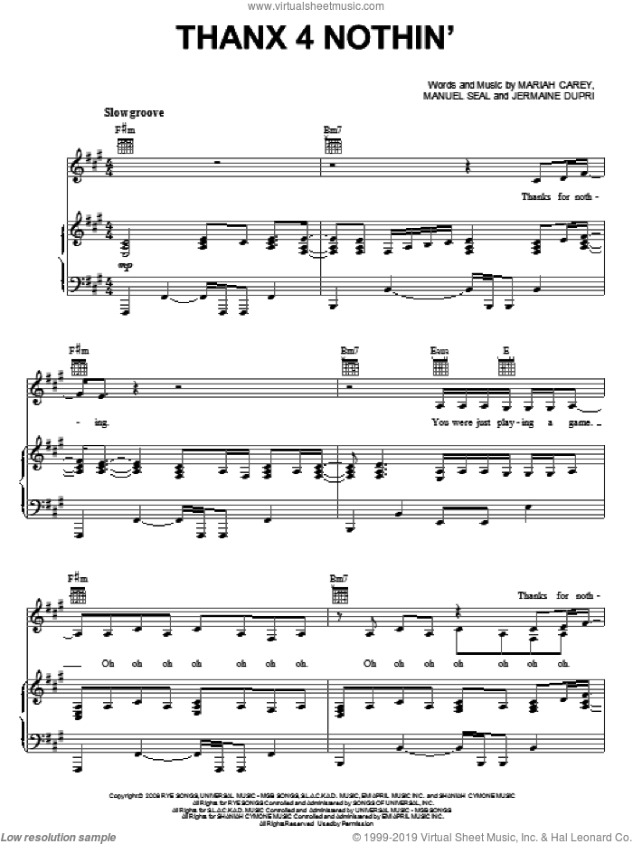 Thanx 4 Nothin' sheet music for voice, piano or guitar by Mariah Carey, Jermaine Dupri and Manuel Seal, intermediate skill level