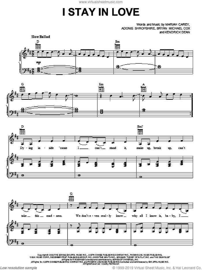 I Stay In Love sheet music for voice, piano or guitar by Mariah Carey, Adonis Shropshire, Bryan Michael Cox and Kendrick Dean, intermediate skill level