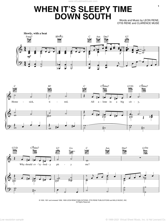 When It's Sleepy Time Down South sheet music for voice, piano or guitar by Louis Armstrong, Sidney Bechet, Clarence Muse, Leon Rene and Otis Rene, intermediate skill level