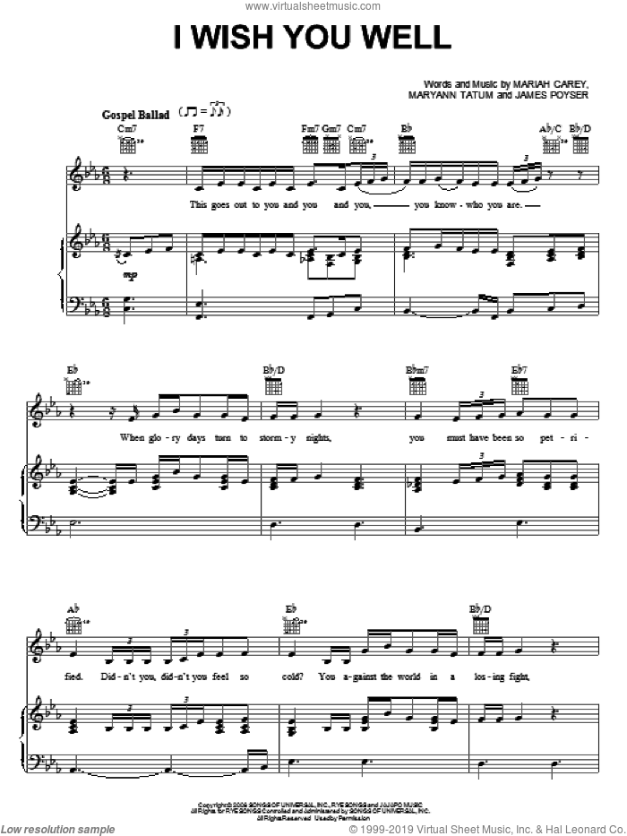 I Wish You Well sheet music for voice, piano or guitar by Mariah Carey, James Poyser and Maryann Tatum, intermediate skill level