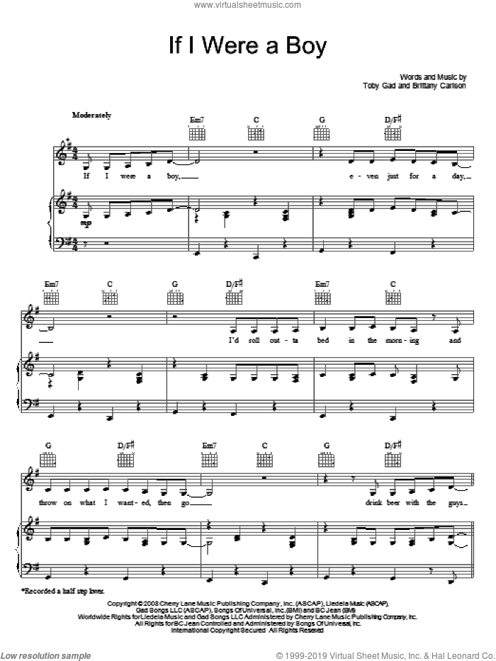 If I Were A Boy sheet music for voice, piano or guitar by Beyonce, Britney Carlson and Toby Gad, intermediate skill level