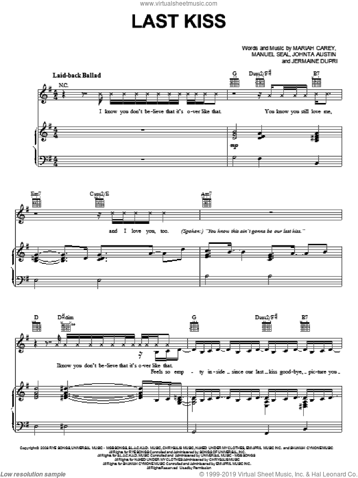 Last Kiss sheet music for voice, piano or guitar by Mariah Carey, Jermaine Dupri, Johnta Austin and Manuel Seal, intermediate skill level