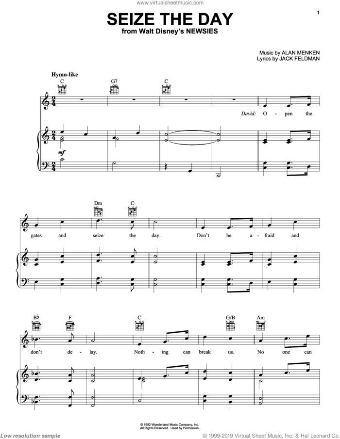 Seize The Day (from Newsies) sheet music for voice, piano or guitar by Alan Menken & Jack Feldman, Alan Menken and Jack Feldman, intermediate skill level
