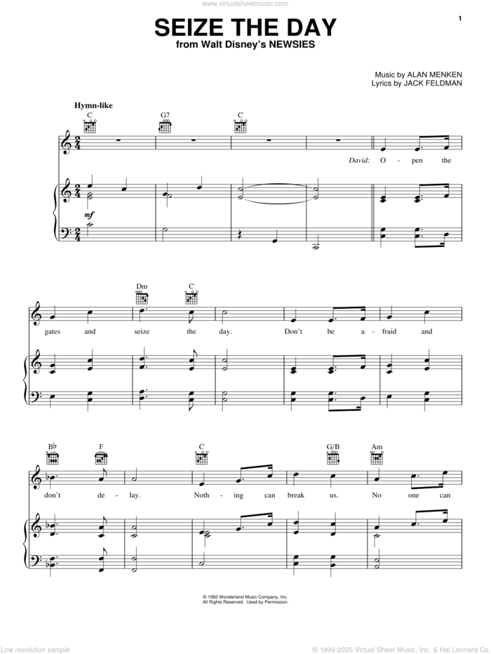 Seize The Day (from Newsies) sheet music for voice, piano or guitar by Alan Menken & Jack Feldman, Alan Menken and Jack Feldman, intermediate skill level