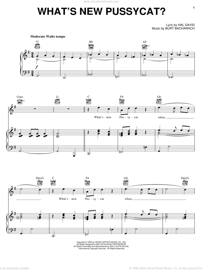 What's New Pussycat? sheet music for voice, piano or guitar by Tom Jones, Bacharach & David, Burt Bacharach and Hal David, intermediate skill level