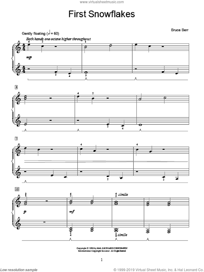 First Snowflakes sheet music for piano solo (elementary) by Bruce Berr and Miscellaneous, beginner piano (elementary)