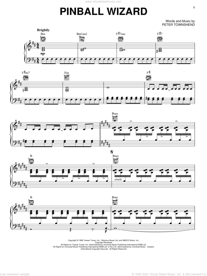 Pinball Wizard sheet music for voice, piano or guitar by The Who and Pete Townshend, intermediate skill level