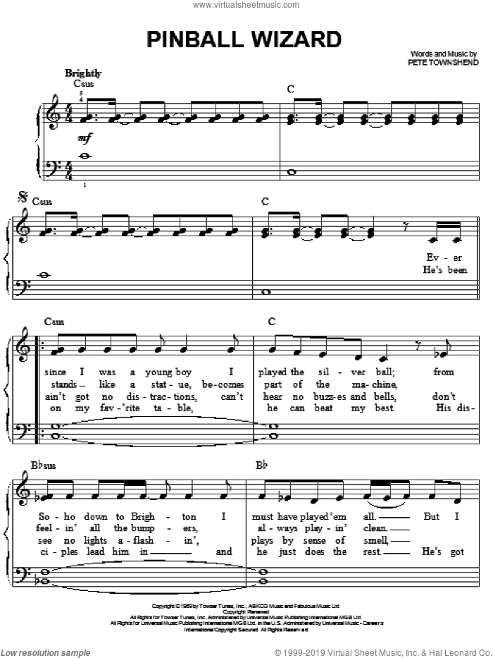 Pinball Wizard sheet music for piano solo by The Who and Pete Townshend, easy skill level