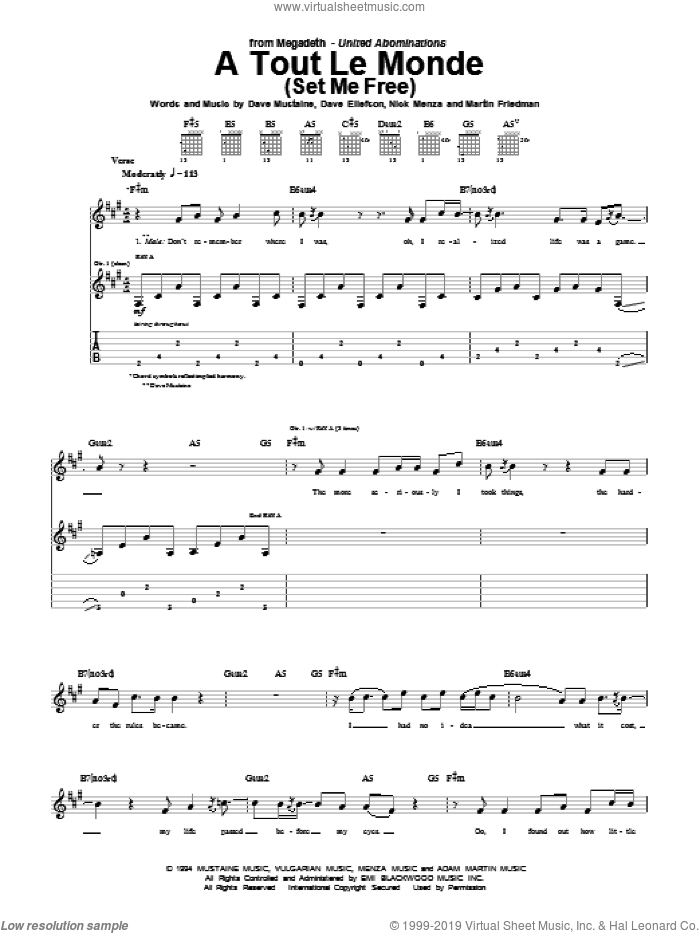 A Tout Le Monde (A Tout Le Monde (Set Me Free)) sheet music for guitar (tablature) by Megadeth, Dave Ellefson, Dave Mustaine, Marty Friedman and Nick Menza, intermediate skill level