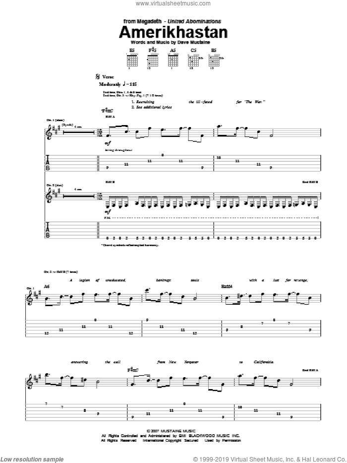 Amerikhastan sheet music for guitar (tablature) by Megadeth and Dave Mustaine, intermediate skill level