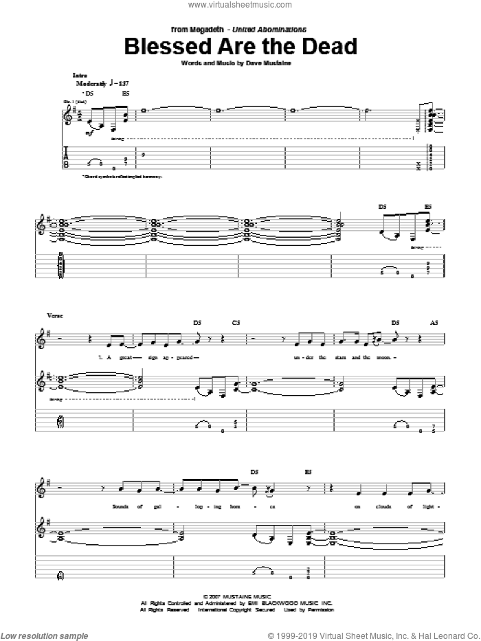 Blessed Are The Dead sheet music for guitar (tablature) by Megadeth and Dave Mustaine, intermediate skill level