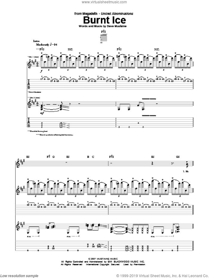 Burnt Ice sheet music for guitar (tablature) by Megadeth and Dave Mustaine, intermediate skill level