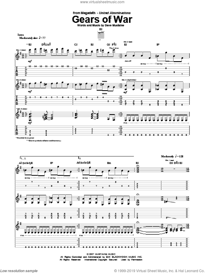 Gears Of War sheet music for guitar (tablature) by Megadeth and Dave Mustaine, intermediate skill level
