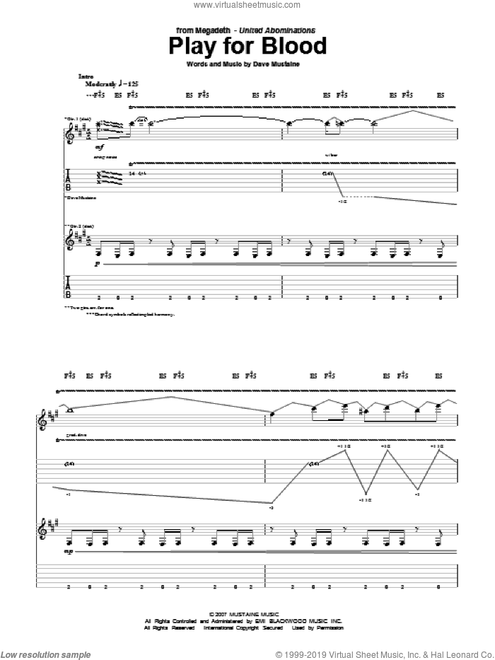Play For Blood sheet music for guitar (tablature) by Megadeth and Dave Mustaine, intermediate skill level